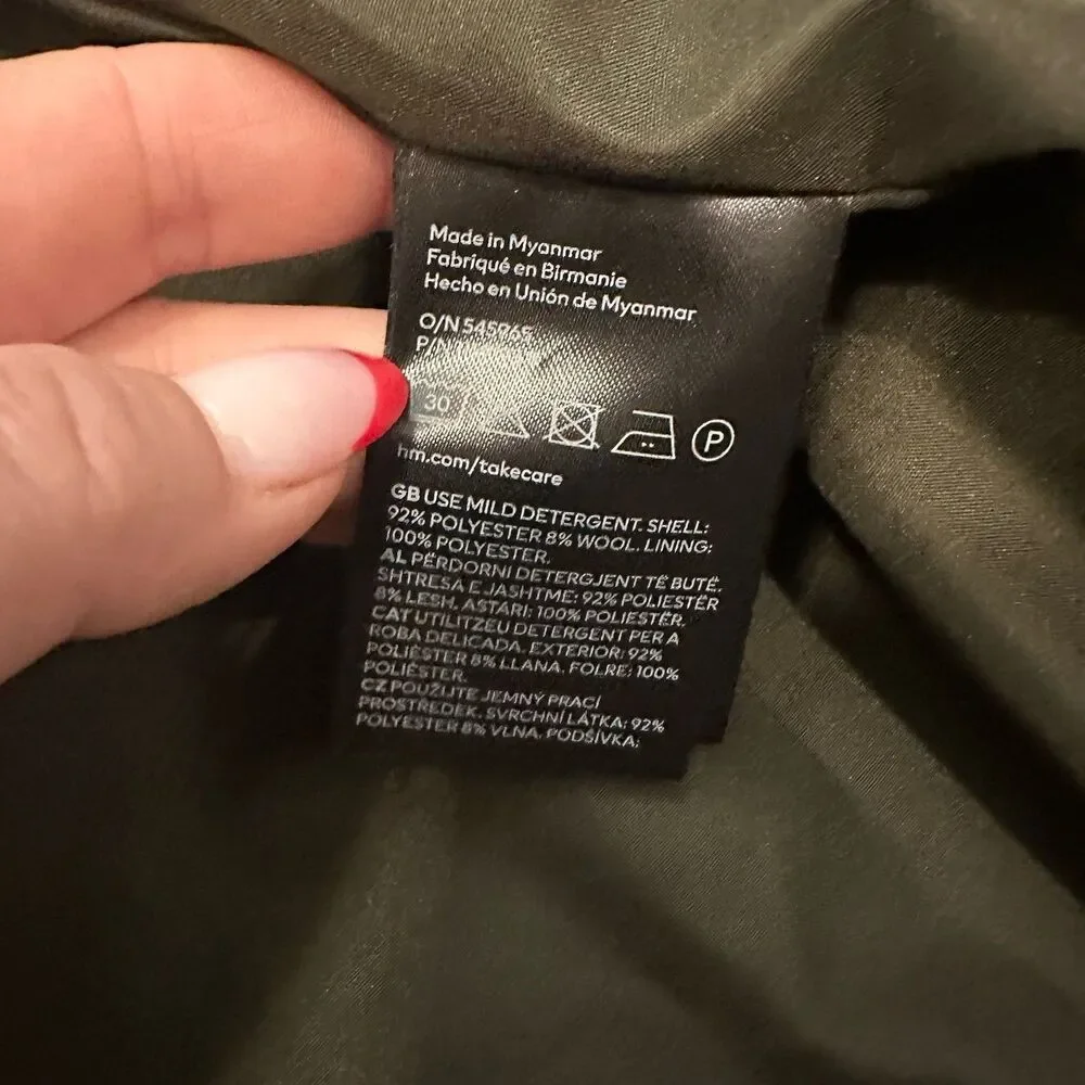 H&M Womens Sz XXL Pockets Coat Double Breasted Overcoat Dark Khaki Green Classic - Picture 7 of 10